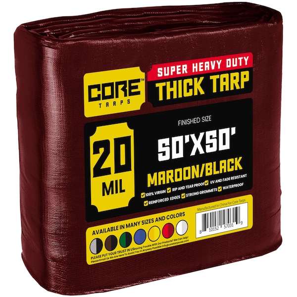 Core Tarps Heavy Duty Tarp, 50 ft x 50 ft, 20 Mil, Maroon, Polyethylene - CT-707-50X50
