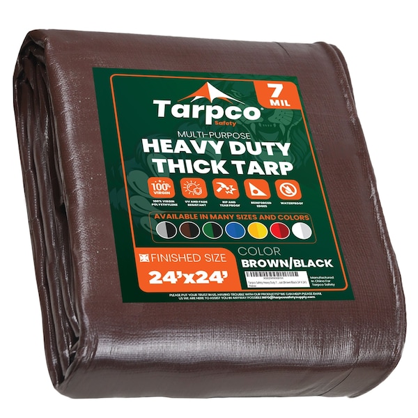 Tarpco Safety Heavy Duty Tarp, 24 ft L x 0.5 mm H x 24 ft W, 7 Mil, Brown/Black, Polyethylene - TS-202-24X24