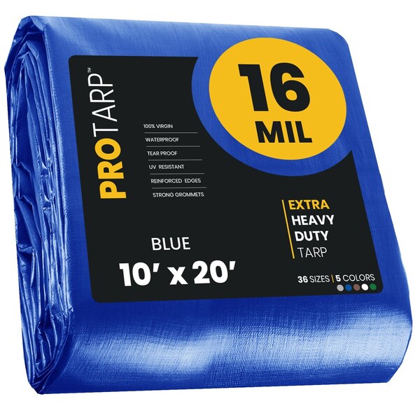 Protarp Heavy Duty Tarp, 10 ft x 20 ft, 16 Mil, Blue, Polyethylene, Waterproof, Rip and Tear Proof - PT-105-10X20