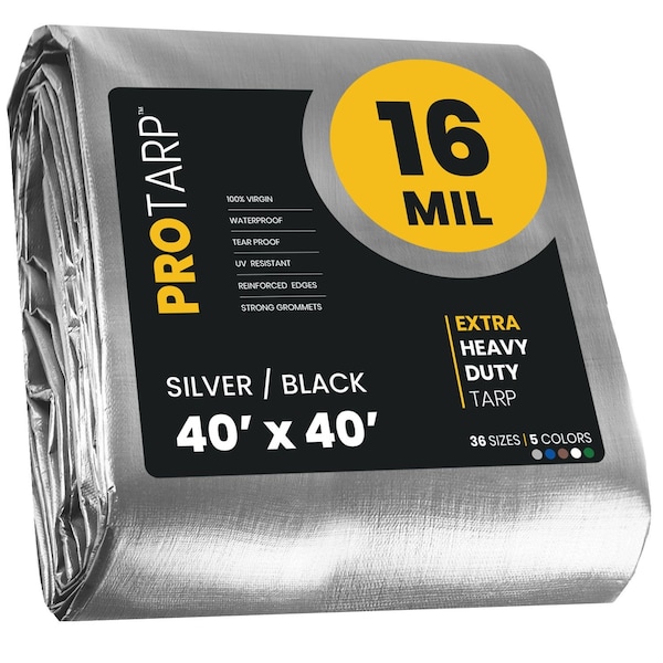 Protarp Heavy Duty Tarp, 40 ft x 40 ft, 16 Mil, Silver/Black, Polyethylene, Waterproof, Rip and Tear Proof - PT-101-40X40
