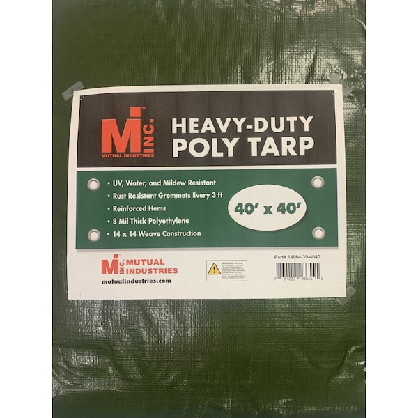 Mutual Industries Heavy Duty Tarp, 40 ft x 40 ft, 8 mil, Green, UV Resistant, Mildew Resistant - 14964-39-4040