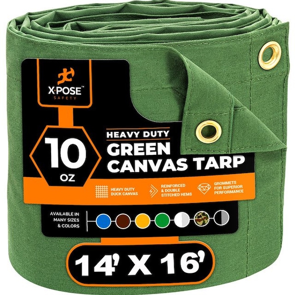 Xpose Safety Tarp, 14 ft x 16 ft, 10 oz, Green, Canvas - CTG10-1416-X