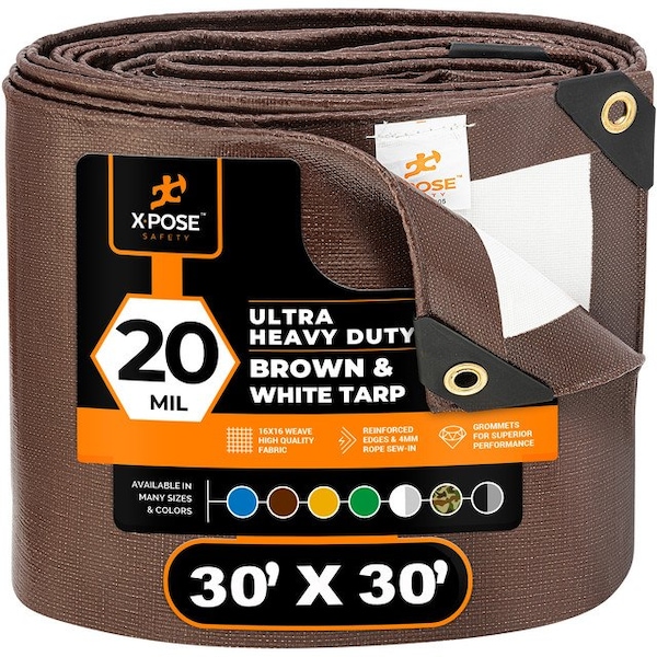 Xpose Safety Tarp, 30 ft x 30 ft, 20 Mil, Brown/White, Polyethylene - UHD-3030-X