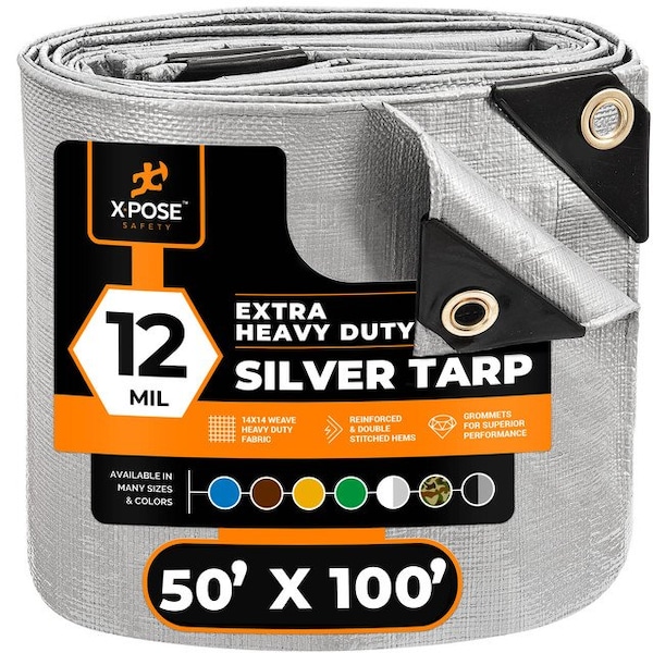 Xpose Safety Tarp, 50 ft x 100 ft, 12 Mil, Silver, Polyethylene - STHD-50100-X