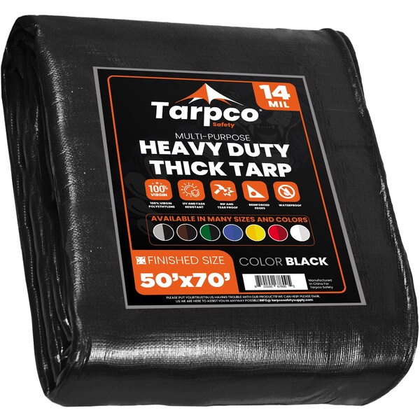 Tarpco Safety Heavy Duty Tarp, 50 ft x 70 ft, 14 Mil, Black, Polyethylene - TS-106-50X70