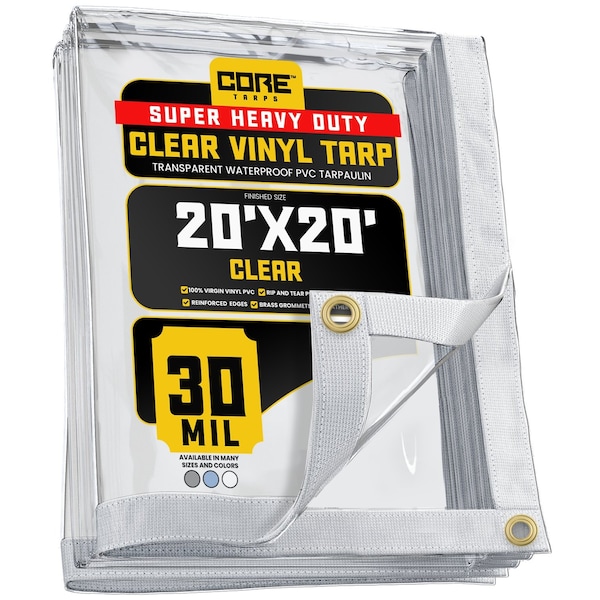 Core Tarps Tarp, 20 ft x 20 ft, 30 Mil, Clear, Polyethylene, UV Resistant - CT-201-20X20