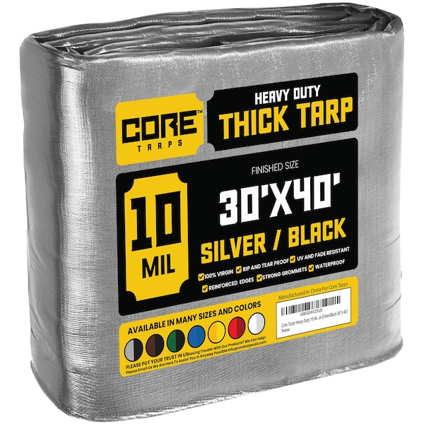 Core Tarps Heavy Duty Tarp, 40 ft L x 0.5 mm H x 30 ft W, 10 Mil, Silver/Black, Polyethylene - CT-601-30X40
