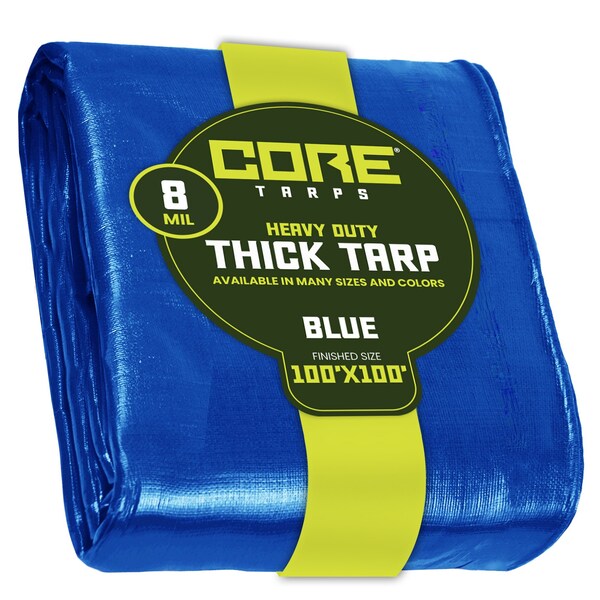 Core Tarps Heavy Duty Tarp, 100 ft L x 0.5 mm H x 100 ft W, 8 Mil, Blue, Polyethylene - CT-405-100X100