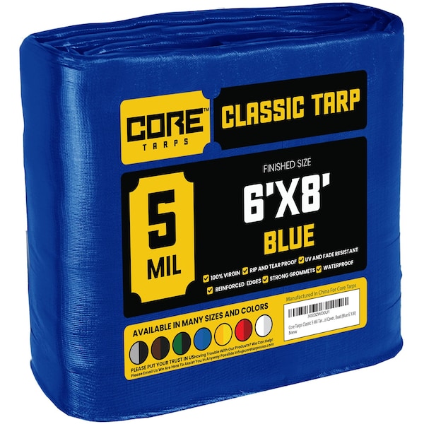 Core Tarps Heavy Duty Tarp, 8 ft L x 0.5 mm H x 6 ft W, 5 Mil, Blue, Polyethylene - CT-505-6X8