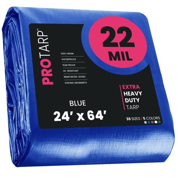 Protarp Heavy Duty Tarp, 24 ft x 64 ft, 22 Mil, Blue, Polyethylene, Waterproof, Rip and Tear Proof - PT-205-24X64