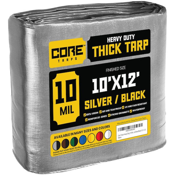 Core Tarps Heavy Duty Tarp, 12 ft L x 0.5 mm H x 10 ft W, 10 Mil, Silver/Black, Polyethylene - CT-601-10X12