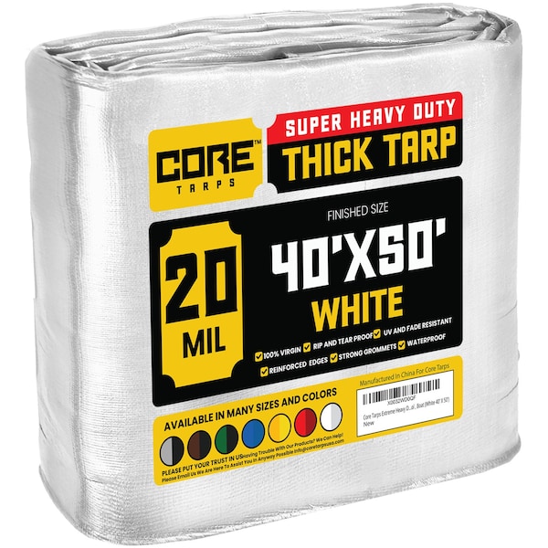 Core Tarps Heavy Duty Tarp, 50 ft L x 0.5 mm H x 40 ft W, 20 Mil, White, Polyethylene - CT-704-40X50