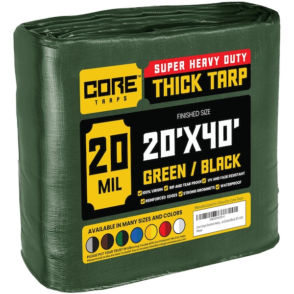 Core Tarps Heavy Duty Tarp, 40 ft L x 0.5 mm H x 20 ft W, 20 Mil, Green/Black, Polyethylene - CT-703-20X40