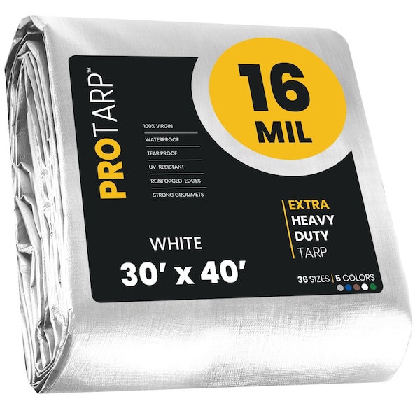 Protarp Heavy Duty Tarp, 30 ft x 40 ft, 16 Mil, White, Polyethylene, Waterproof, Rip and Tear Proof - PT-104-30X40