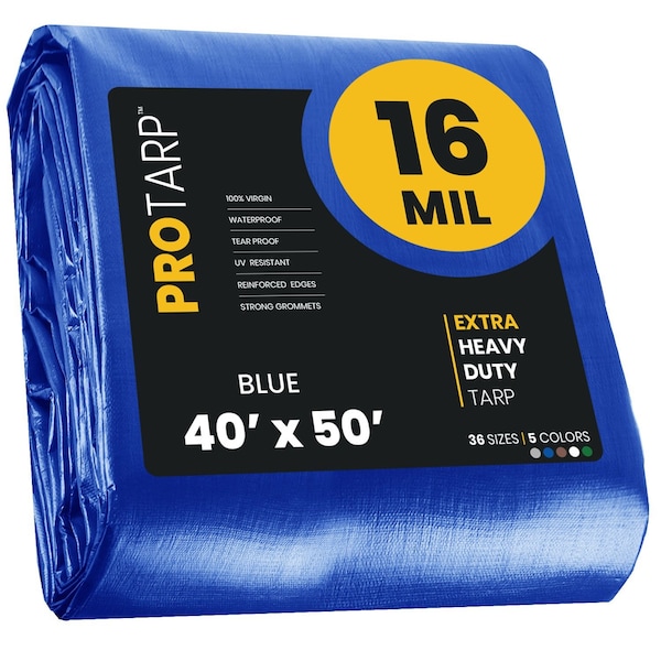 Protarp Heavy Duty Tarp, 40 ft x 50 ft, 16 Mil, Blue, Polyethylene, Waterproof, Rip and Tear Proof - PT-105-40X50