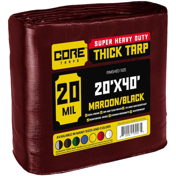 Core Tarps Heavy Duty Tarp, 20 ft x 40 ft, 20 Mil, Maroon, Polyethylene - CT-707-20X40