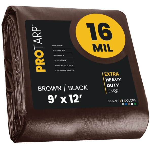 Protarp Heavy Duty Tarp, 9 ft x 12 ft, 16 Mil, Brown/Black, Polyethylene, Waterproof, Rip and Tear Proof - PT-102-9X12