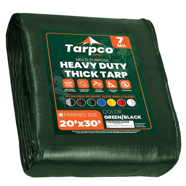 Tarpco Safety Heavy Duty Tarp, 30 ft x 0.5 mm H x 20 ft W, 7 Mil, Green/Black, Polyethylene - TS-203-20X30