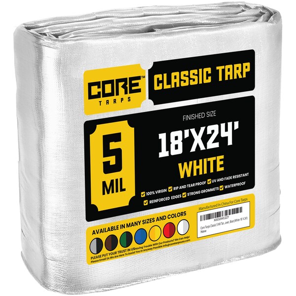 Core Tarps Heavy Duty Tarp, 24 ft L x 0.5 mm H x 18 ft W, 5 Mil, White, Polyethylene - CT-504-18X24