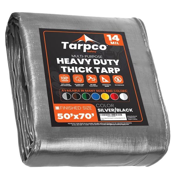 Tarpco Safety Heavy Duty Tarp, 70 ft L x 0.5 mm H x 50 ft W, 14 Mil, Silver/Black, Polyethylene - TS-101-50X70