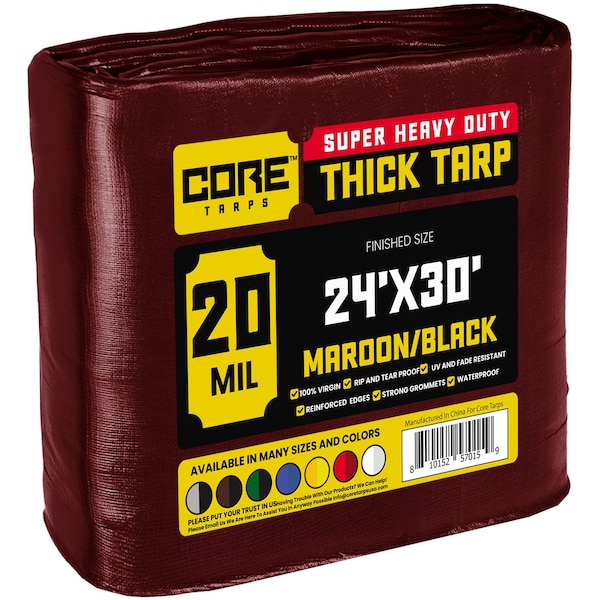 Core Tarps Heavy Duty Tarp, 24 ft x 30 ft, 20 Mil, Maroon, Polyethylene - CT-707-24X30