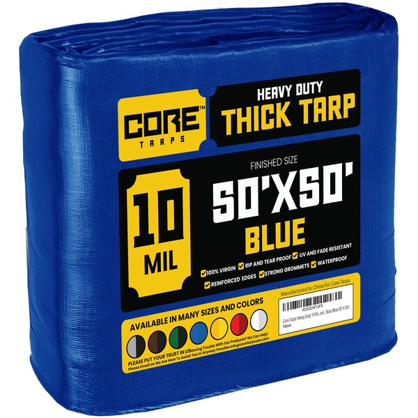 Core Tarps Heavy Duty Tarp, 50 ft L x 0.5 mm H x 50 ft W, 10 Mil, Blue, Polyethylene - CT-605-50X50