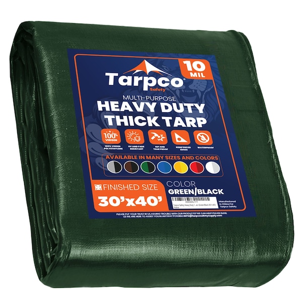 Tarpco Safety Heavy Duty Tarp, 40 ft L x 0.5 mm H x 30 ft W, 10 Mil, Green/Black, Polyethylene - TS-153-30X40