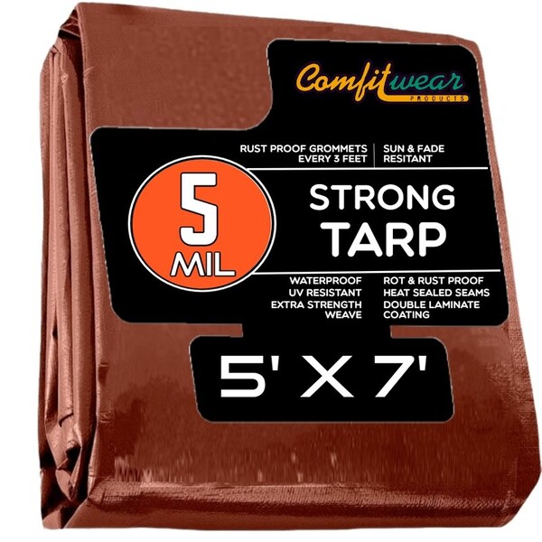 Comfitwear 5 MIL Standard Strong Multi-Purpose Tarp Cover Rust Proof Waterproof Reinforced Edges, Brown, 50PK - MTBR-57-BULK-50