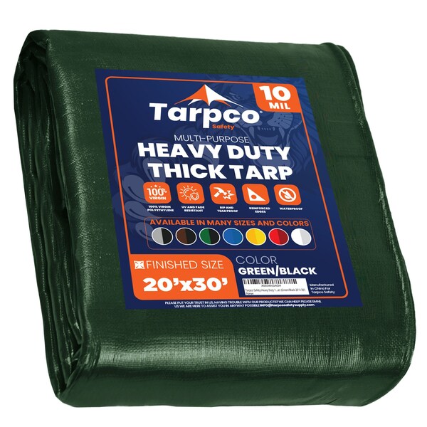 Tarpco Safety Heavy Duty Tarp, 30 ft x 0.5 mm H x 20 ft W, 10 Mil, Green/Black, Polyethylene - TS-153-20X30
