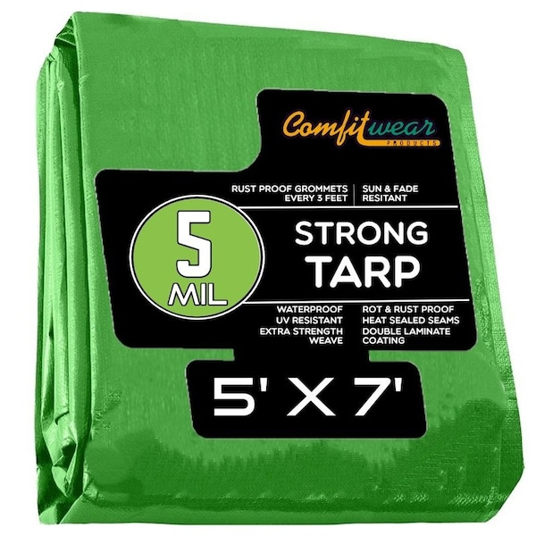 Comfitwear 5 MIL Standard Strong Multi-Purpose Tarp Cover Rust Proof Waterproof Reinforced Edges, Green, 50PK - MTG-57-BULK-50