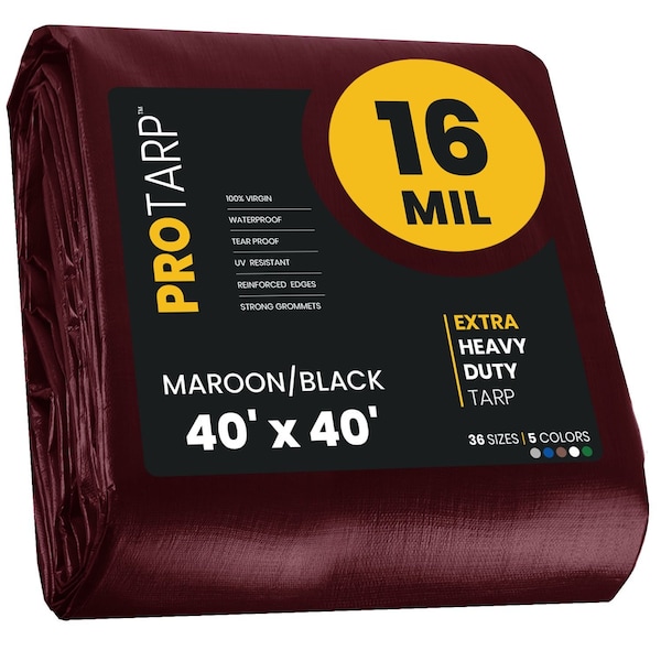 Protarp Heavy Duty Tarp, 40 ft x 40 ft, 16 Mil, Maroon, Polyethylene - PT-107-40X40