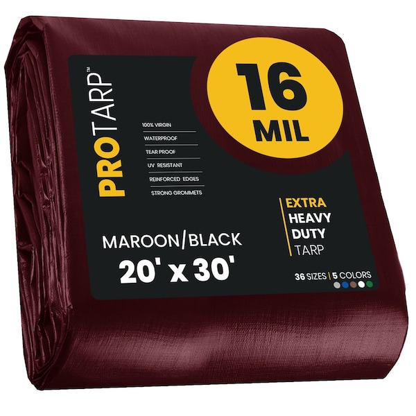 Protarp Heavy Duty Tarp, 20 ft x 30 ft, 16 Mil, Maroon, Polyethylene - PT-107-20X30