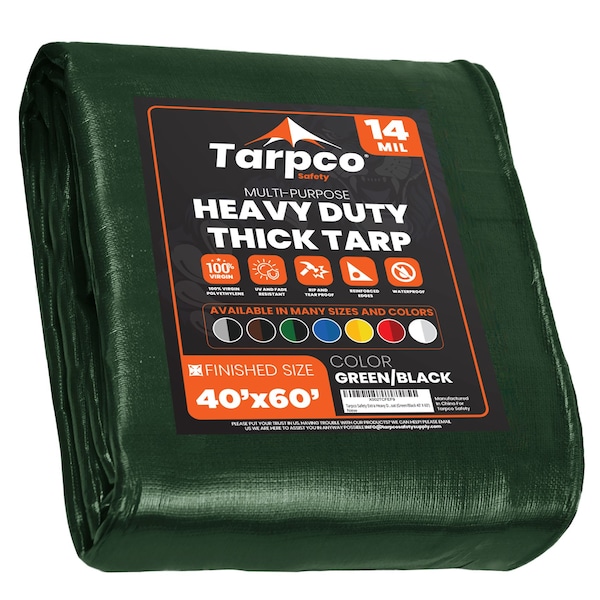 Tarpco Safety Heavy Duty Tarp, 60 ft L x 0.5 mm H x 40 ft W, 14 Mil, Green/Black, Polyethylene - TS-103-40X60