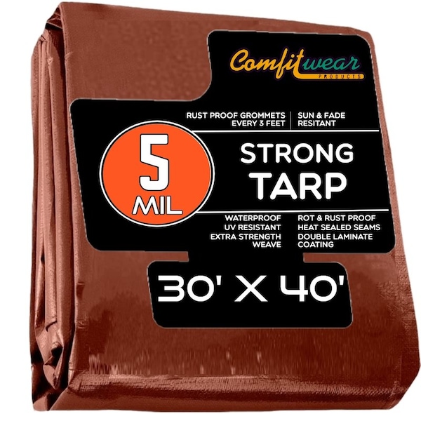 Comfitwear 5 MIL Standard Strong Multi-Purpose Tarp Cover Rust Proof Waterproof Reinforced Edges, Brown - MTBR-3040