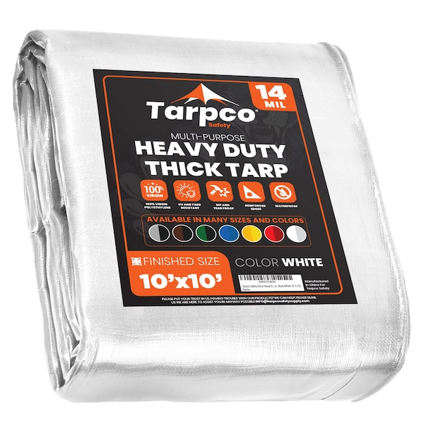 Tarpco Safety Heavy Duty Tarp, 10 ft L x 0.5 mm H x 10 ft W, 14 Mil, White, Polyethylene - TS-104-10X10