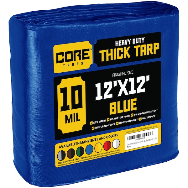 Core Tarps Heavy Duty Tarp, 12 ft L x 0.5 mm H x 12 ft W, 10 Mil, Blue, Polyethylene - CT-605-12X12