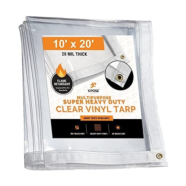 Xpose Safety Heavy Duty Tarp, 10 ft x 20 ft, 20 Mil, Clear, Vinyl, Fire Retardant - CVTFR-1020