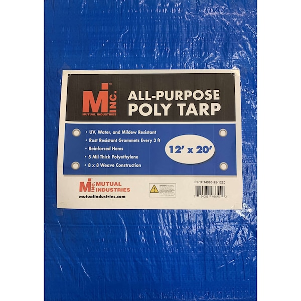 Mutual Industries Tarp, 12 ft x 20 ft, 5 Mil, Blue, Polyethylene, UV Resistant, Mildew Resistant - 14963-25-1220