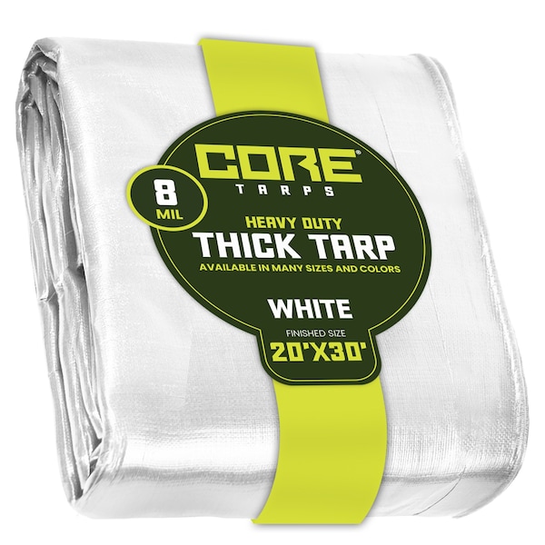 Core Tarps Heavy Duty Tarp, 30 ft x 0.5 mm H x 20 ft W, 8 Mil, White, Polyethylene - CT-404-20X30