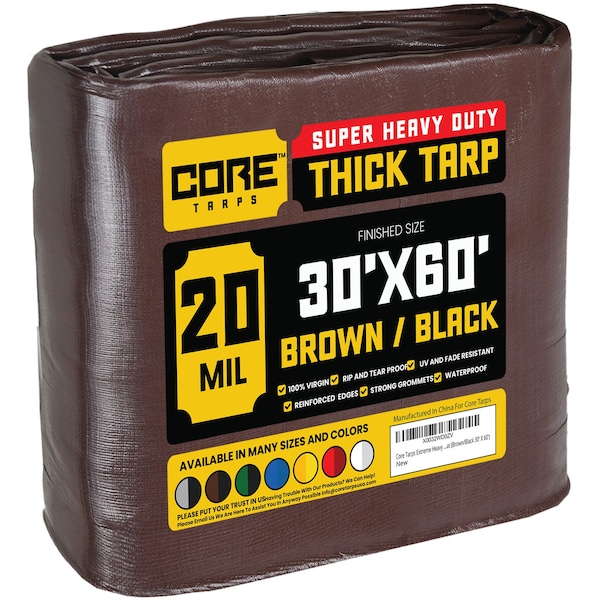 Core Tarps Heavy Duty Tarp, 30 ft x 60 ft, 20 Mil, Brown/Black, Polyethylene, Waterproof, Rip and Tear Proof - CT-702-30X60