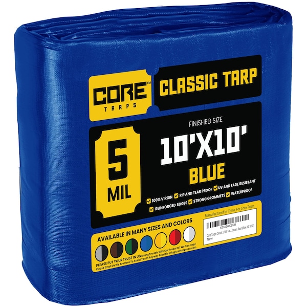 Core Tarps Heavy Duty Tarp, 10 ft L x 0.5 mm H x 10 ft W, 5 Mil, Blue, Polyethylene - CT-505-10X10