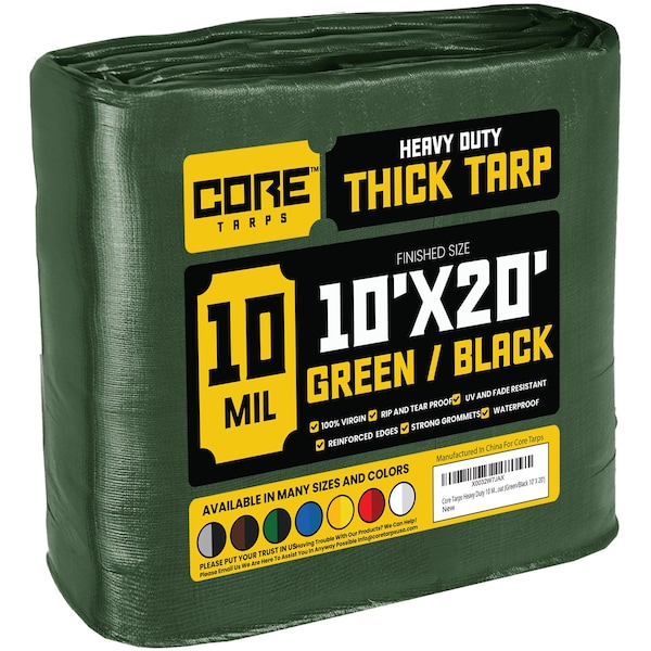 Core Tarps Heavy Duty Tarp, 20 ft L x 0.5 mm H x 10 ft W, 10 Mil, Green/Black, Polyethylene - CT-603-10X20