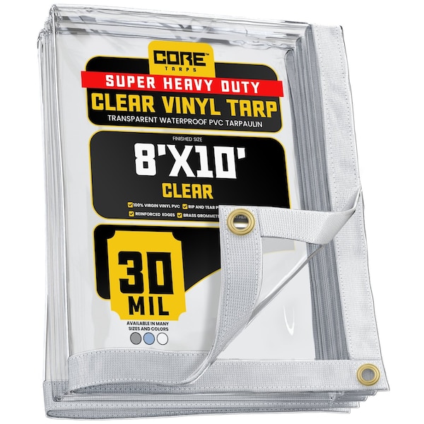 Core Tarps Tarp, 8 ft x 10 ft, 30 Mil, Clear, Polyethylene, UV Resistant - CT-201-8X10