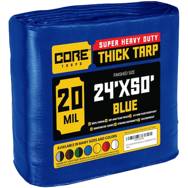 Core Tarps Heavy Duty Tarp, 50 ft L x 0.5 mm H x 24 ft W, 20 Mil, Blue, Polyethylene - CT-705-24X50