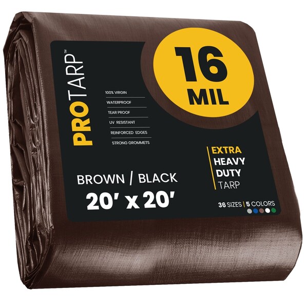 Protarp Heavy Duty Tarp, 20 ft x 20 ft, 16 Mil, Brown/Black, Polyethylene, Waterproof, Rip and Tear Proof - PT-102-20X20
