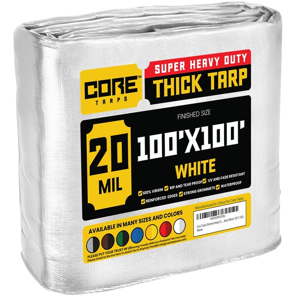 Core Tarps Heavy Duty Tarp, 100 ft L x 0.5 mm H x 100 ft W, 20 Mil, White, Polyethylene - CT-704-100X100