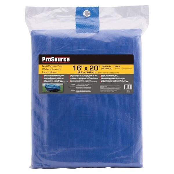 Prosource Tarpaulin, 20 ft L, 16 ft W, 5 mil Thick, Polyethylene, Blue - T1620BB90