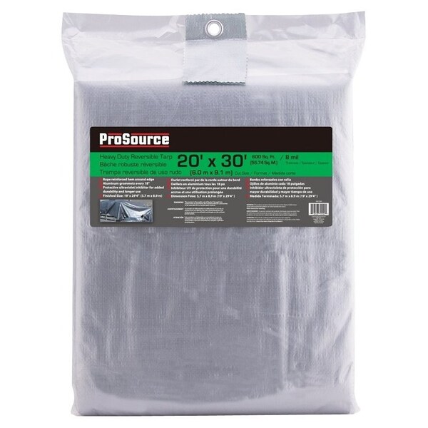 Prosource Tarpaulin, 30 ft L, 20 ft W, 8 mil Thick, Polyethylene, Green/Silver - T2030GS140