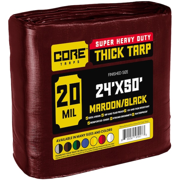 Core Tarps Heavy Duty Tarp, 24 ft x 50 ft, 20 Mil, Maroon, Polyethylene - CT-707-24X50