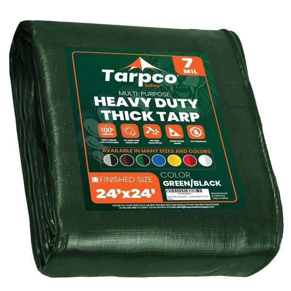 Tarpco Safety Heavy Duty Tarp, 24 ft L x 0.5 mm H x 24 ft W, 7 Mil, Green/Black, Polyethylene - TS-203-24X24